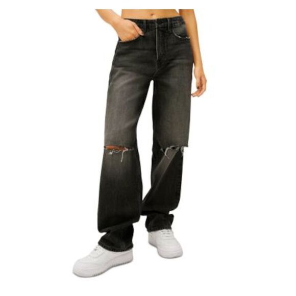 GOOD AMERICAN Denim - GOOD AMERICAN Womens Black Denim High Waist Ripped Straight leg Jeans 12\31